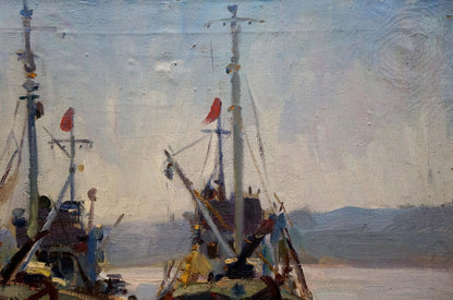 Oil painting of ships in port by Kolomoitsev Petr Mikhailovich