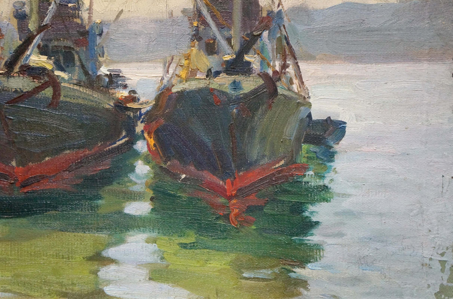 Oil painting of ships in port by Kolomoitsev Petr Mikhailovich