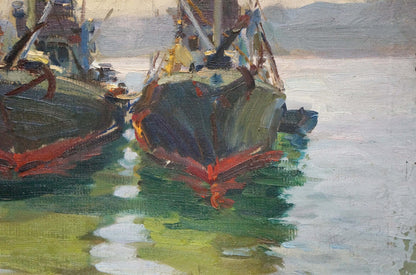 Oil painting of ships in port by Kolomoitsev Petr Mikhailovich