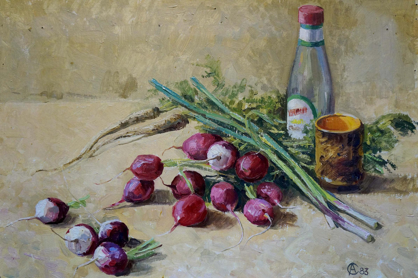 Oil painting of vibrant red radishes with green stems by Sakhnenko Viktor Ivanovich