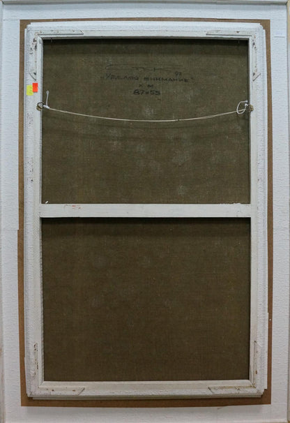 Back of Abstract oil painting Attend by Alexander Lvovich Schwartz, white frame, brown backing, hanging wire