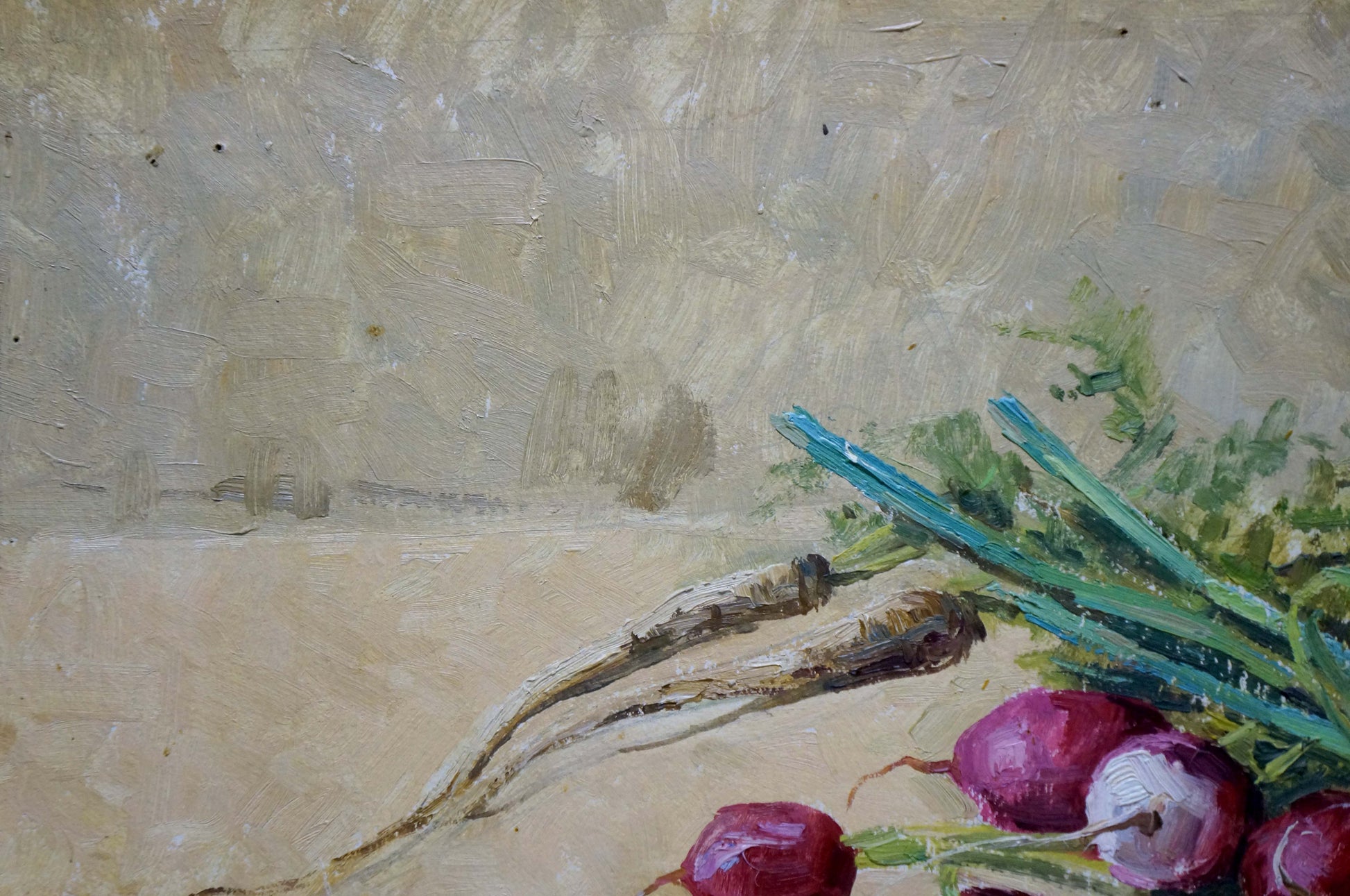 Oil painting of fresh radishes with purple tops by Sakhnenko Viktor Ivanovich