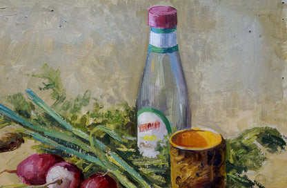 Oil painting Still life Sakhnenko Viktor Ivanovich in clear bottle with pink cap