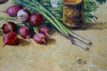Oil painting by Sakhnenko Viktor Ivanovich of vibrant red radishes