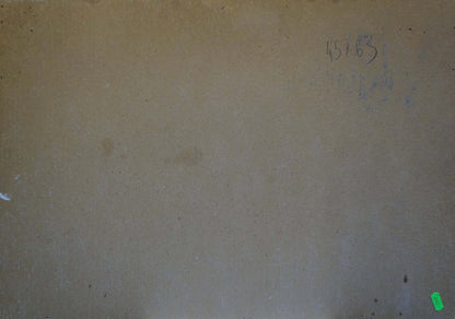 Back of oil painting Still life by Sakhnenko Viktor Ivanovich, beige textured surface with faint smudges and handwritten markings