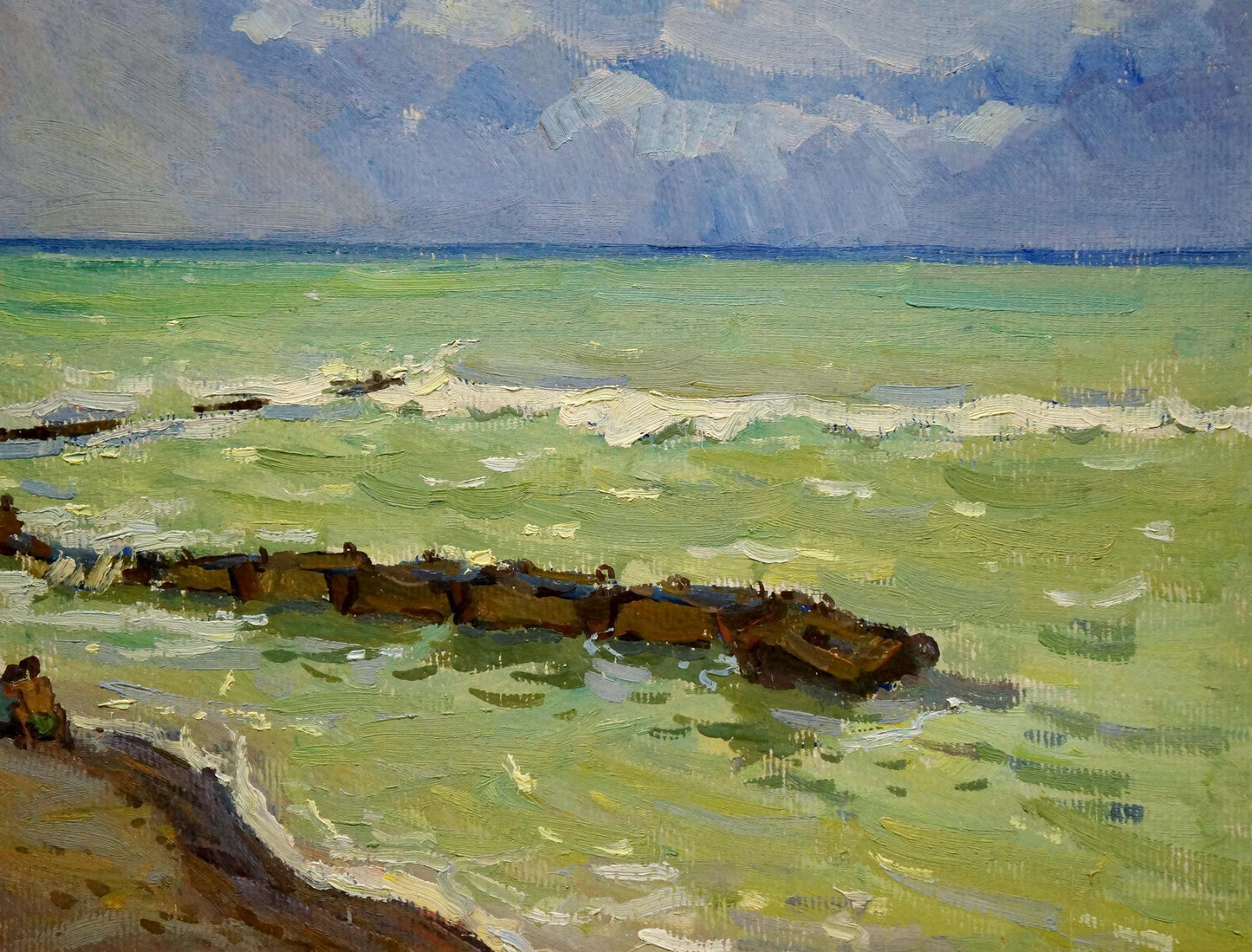 Oil painting Seascape Gomolsky G.S.: weathered brown boat in greenish waves
