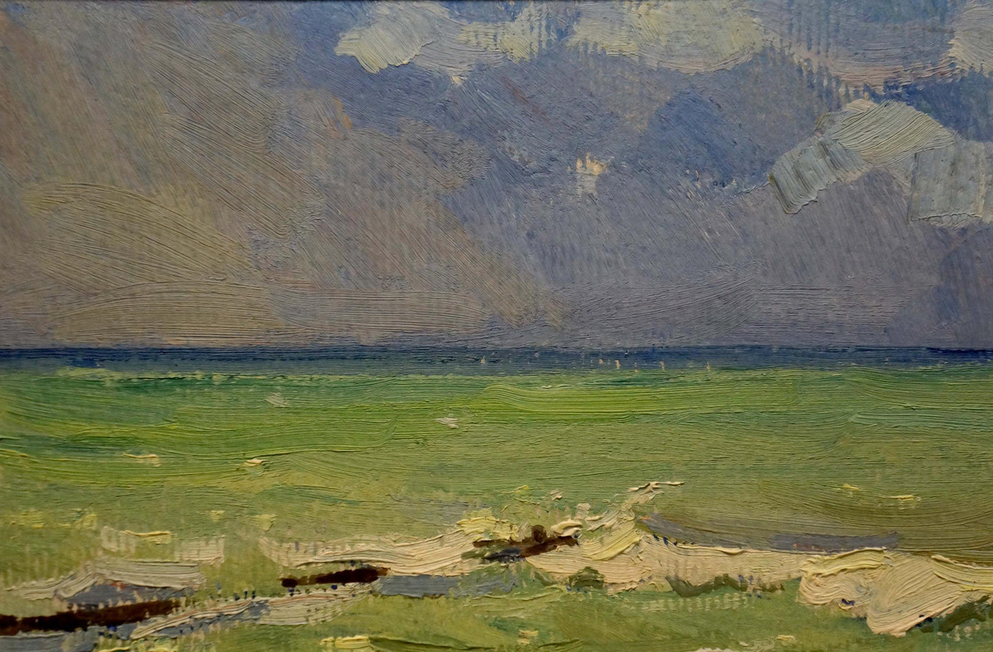 Textured oil painting of Gomolsky G.S. seascape with vast green field under dramatic cloudy sky