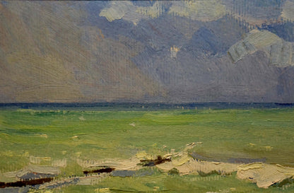 Textured oil painting of Gomolsky G.S. seascape with vast green field under dramatic cloudy sky