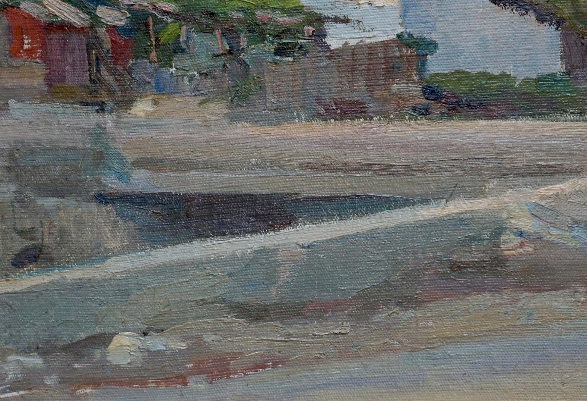 Textured impressionistic oil painting by Kisel Ivan Gordeevich, city road landscape