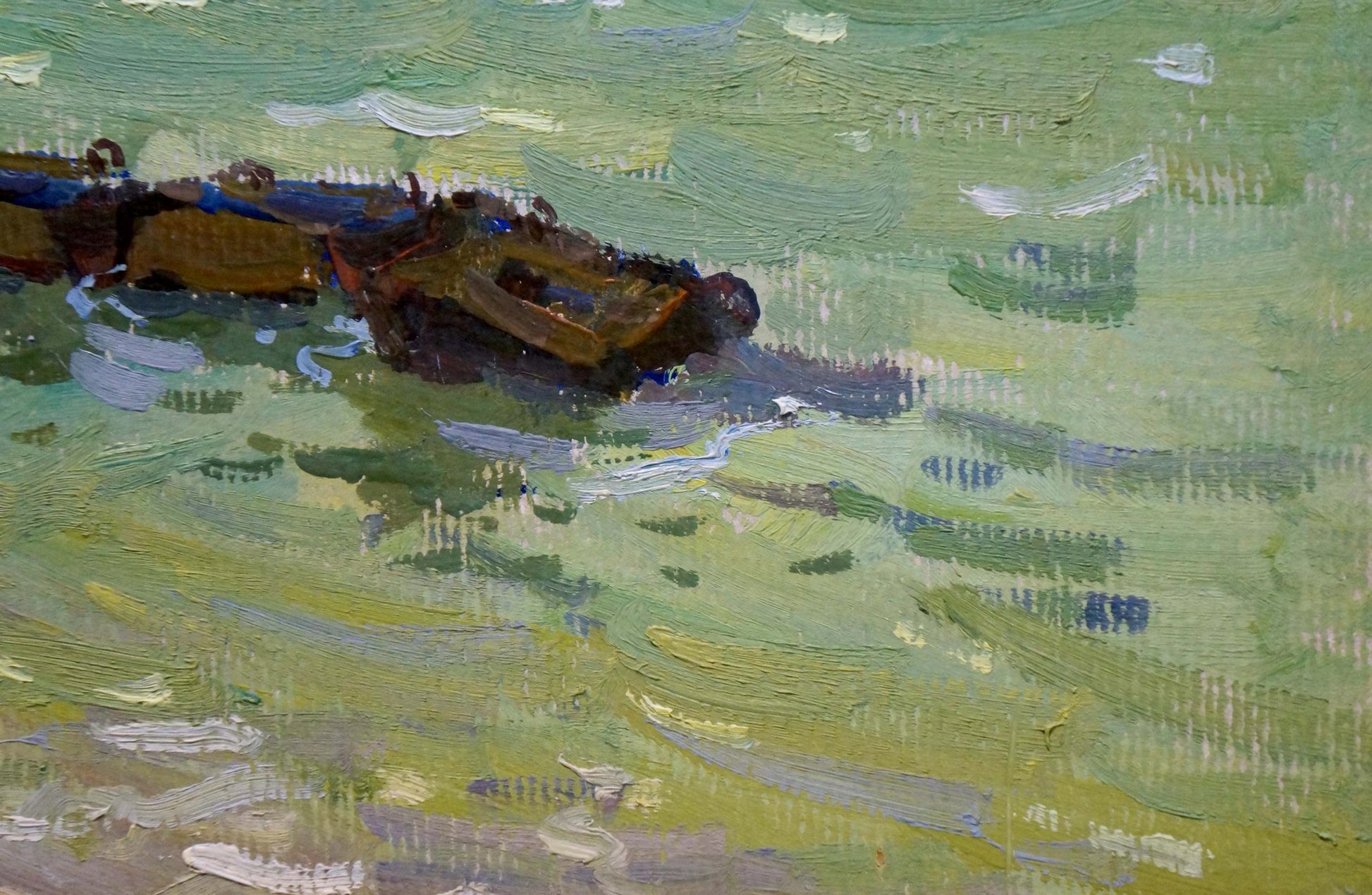 Oil painting Seascape Gomolsky G.S.: weathered rowboat in greenish water
