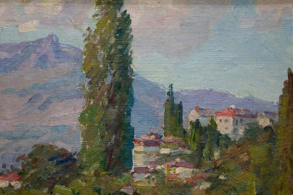 Oil painting by Kisel Ivan Gordeevich: village among cypress trees, mountains