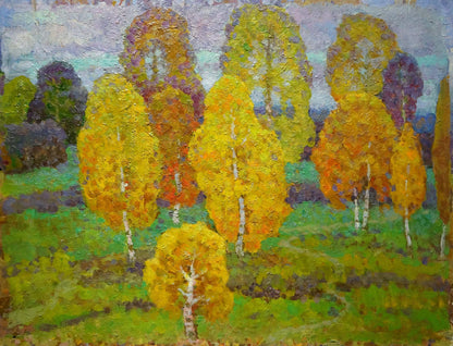 Vibrant oil painting of birch trees by Ruban Grigory Savelievich