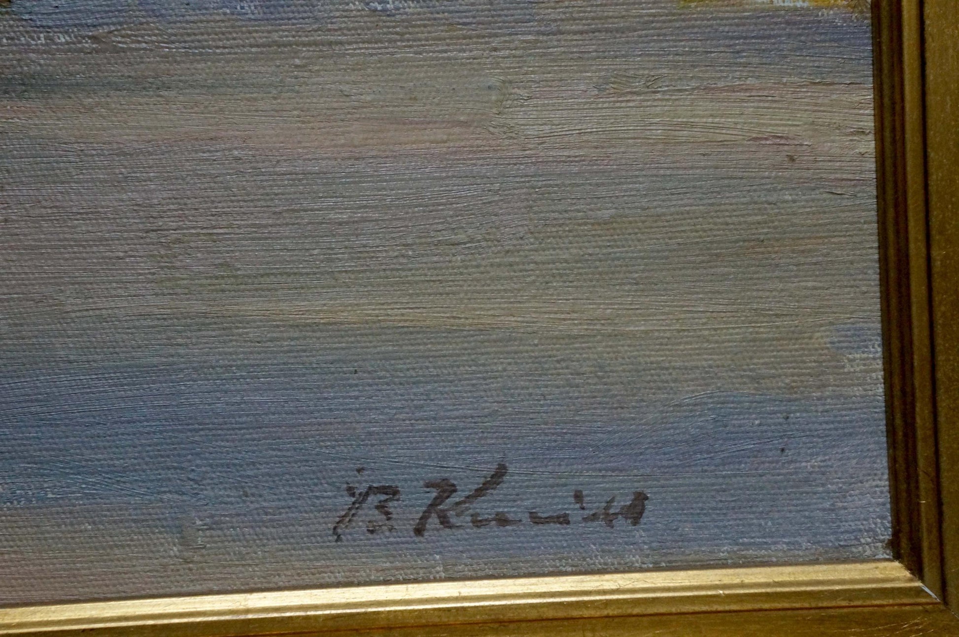 Signed Oil painting Kisel Ivan Gordeevich city landscape with textured blue-gray sky in gold frame