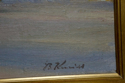 Signed Oil painting Kisel Ivan Gordeevich city landscape with textured blue-gray sky in gold frame