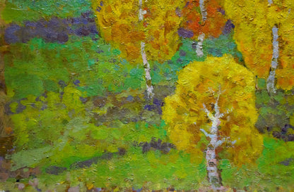 Vibrant impressionist oil painting of birch trees by Ruban Grigory Savelievich