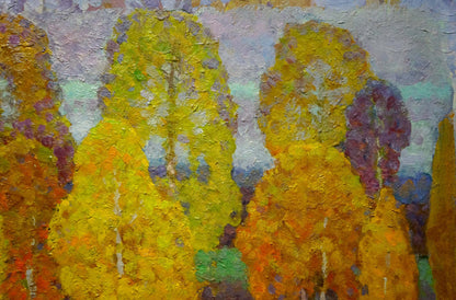 Textured impressionist oil painting of Ruban birch trees by Grigory Savelievich