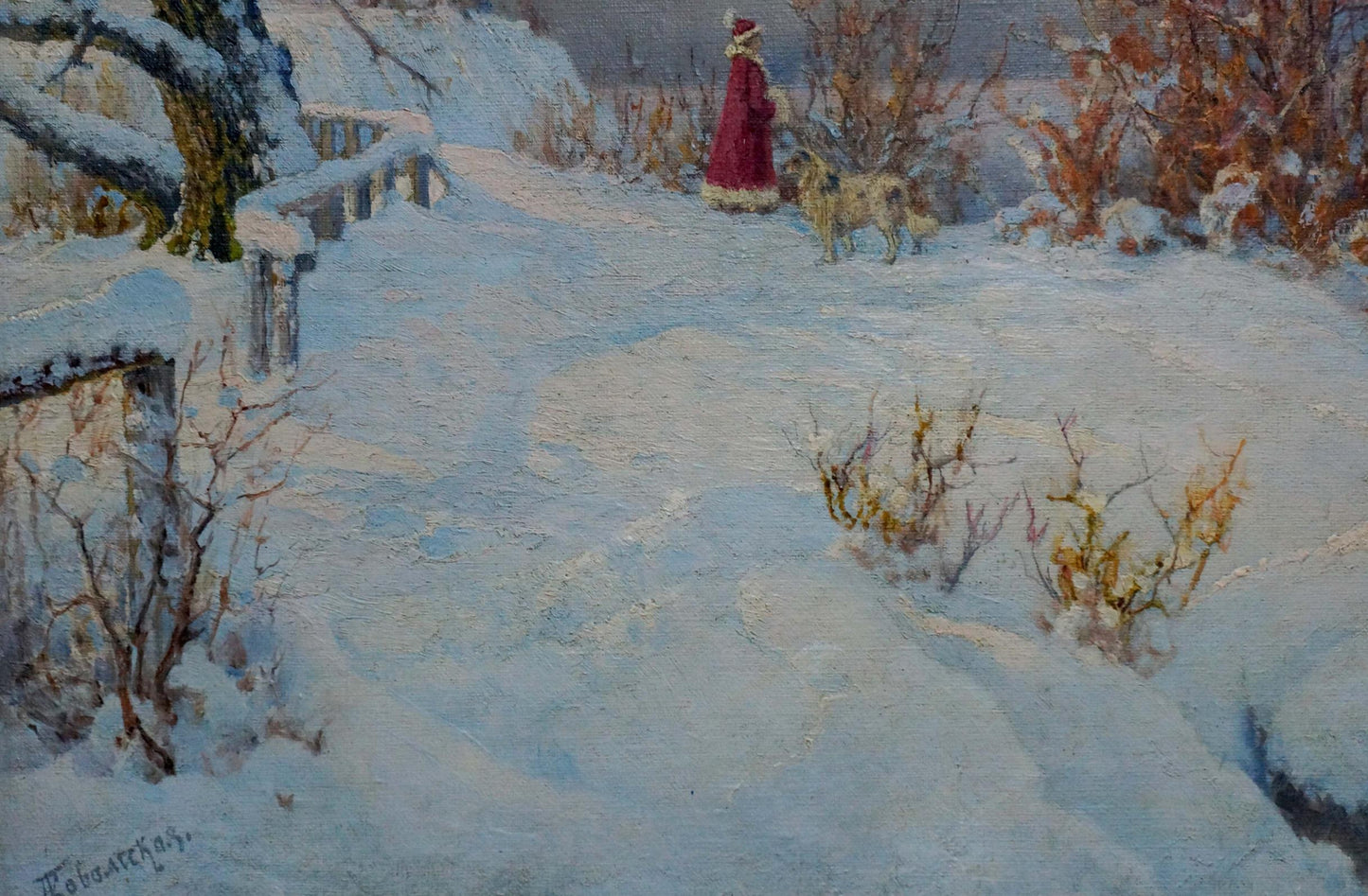 Oil painting Winter fairy tale by Kovalskaya-Ilyina Polina Vladimirovna: woman in red coat with dogs in snow