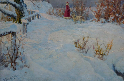 Oil painting Winter fairy tale by Kovalskaya-Ilyina Polina Vladimirovna: woman in red coat with dogs in snow
