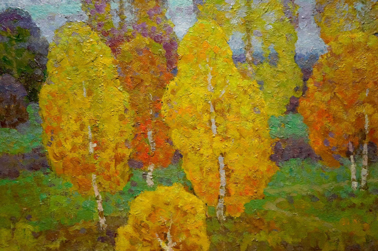 Vibrant impressionist oil painting of autumn birch trees by Ruban Grigory Savelievich