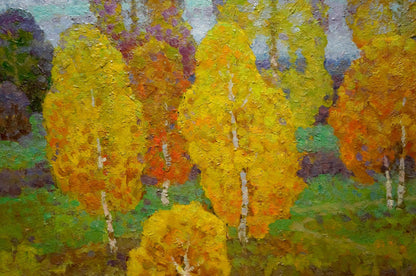 Vibrant impressionist oil painting of autumn birch trees by Ruban Grigory Savelievich