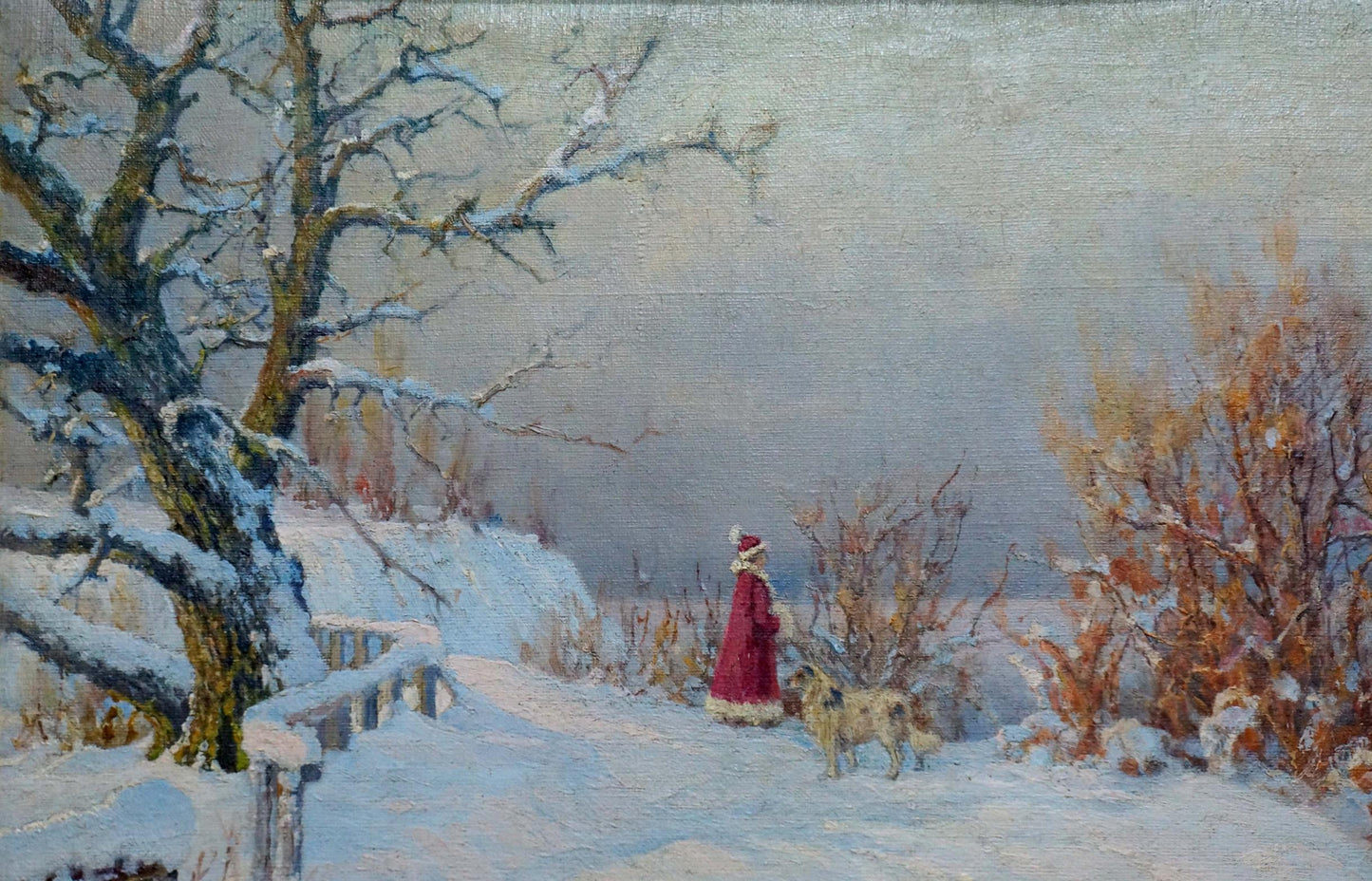 Oil painting Winter fairy tale by Kovalskaya-Ilyina Polina Vladimirovna: woman in red coat with dogs in snow