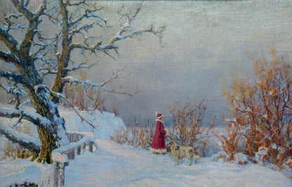 Oil painting Winter fairy tale by Kovalskaya-Ilyina Polina Vladimirovna: woman in red coat with dogs in snow