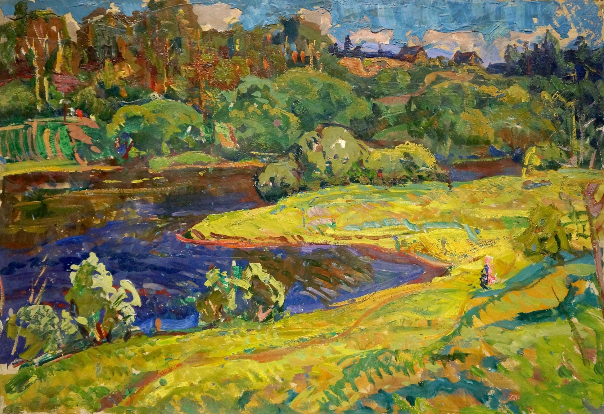 Vibrant impressionist oil painting by Gaiduk Viktor Kirillovich: summer landscape with river and hills