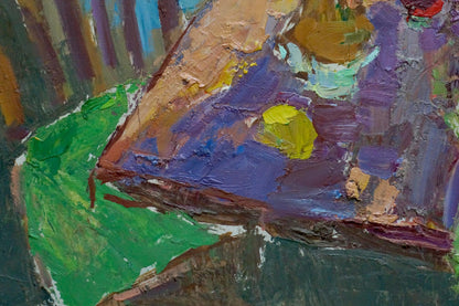 Oil painting Still life Schwab Vladimir with textured purple green yellow strokes