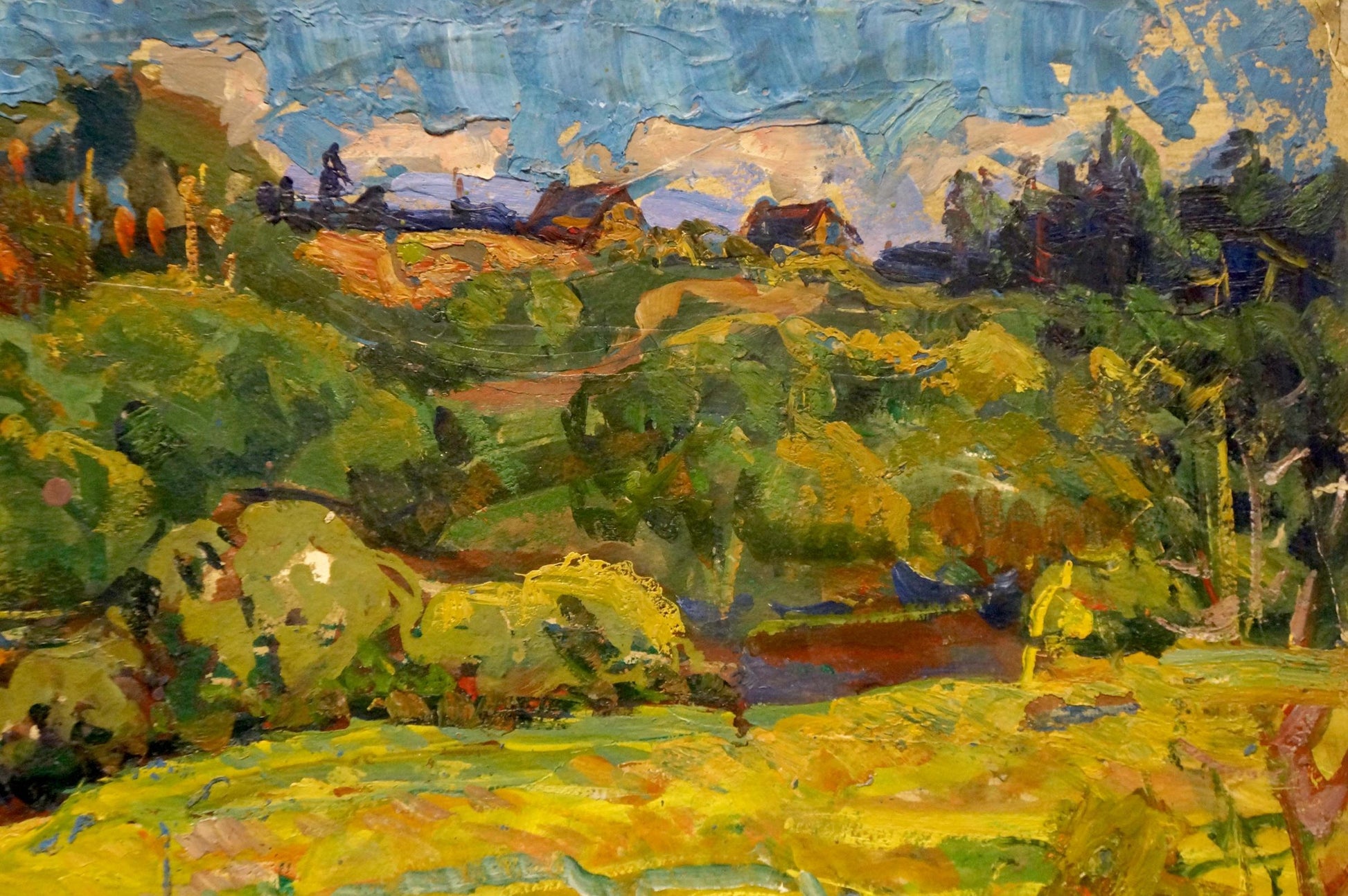 Vibrant impressionistic oil painting by Gaiduk Viktor Kirillovich: summer landscape with green hills, river, village