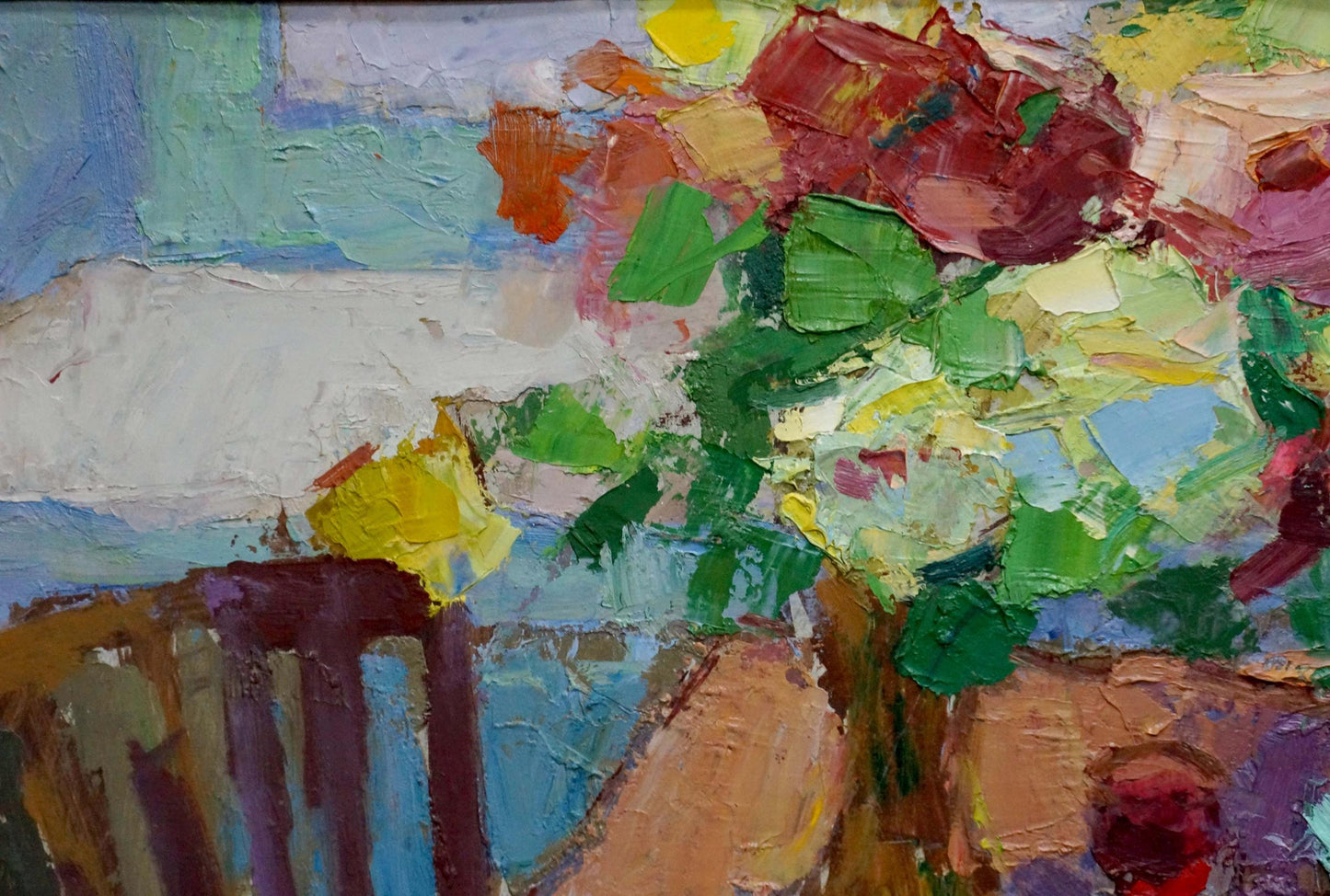 Vibrant impressionistic oil painting of red green bouquet by Schwab Vladimir