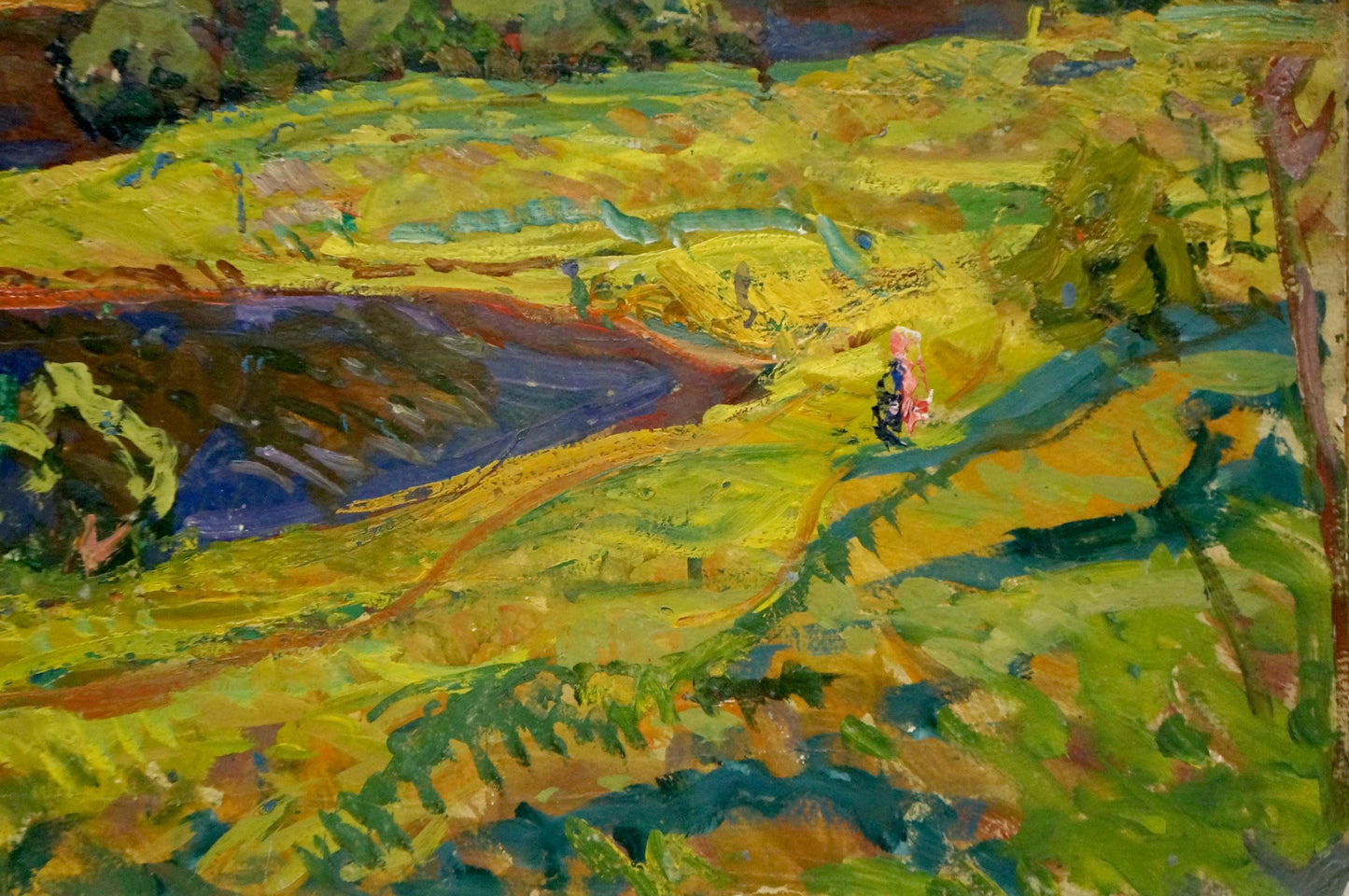 Vibrant impressionist oil painting by Gaiduk Viktor Kirillovich: summer landscape with green hills and river