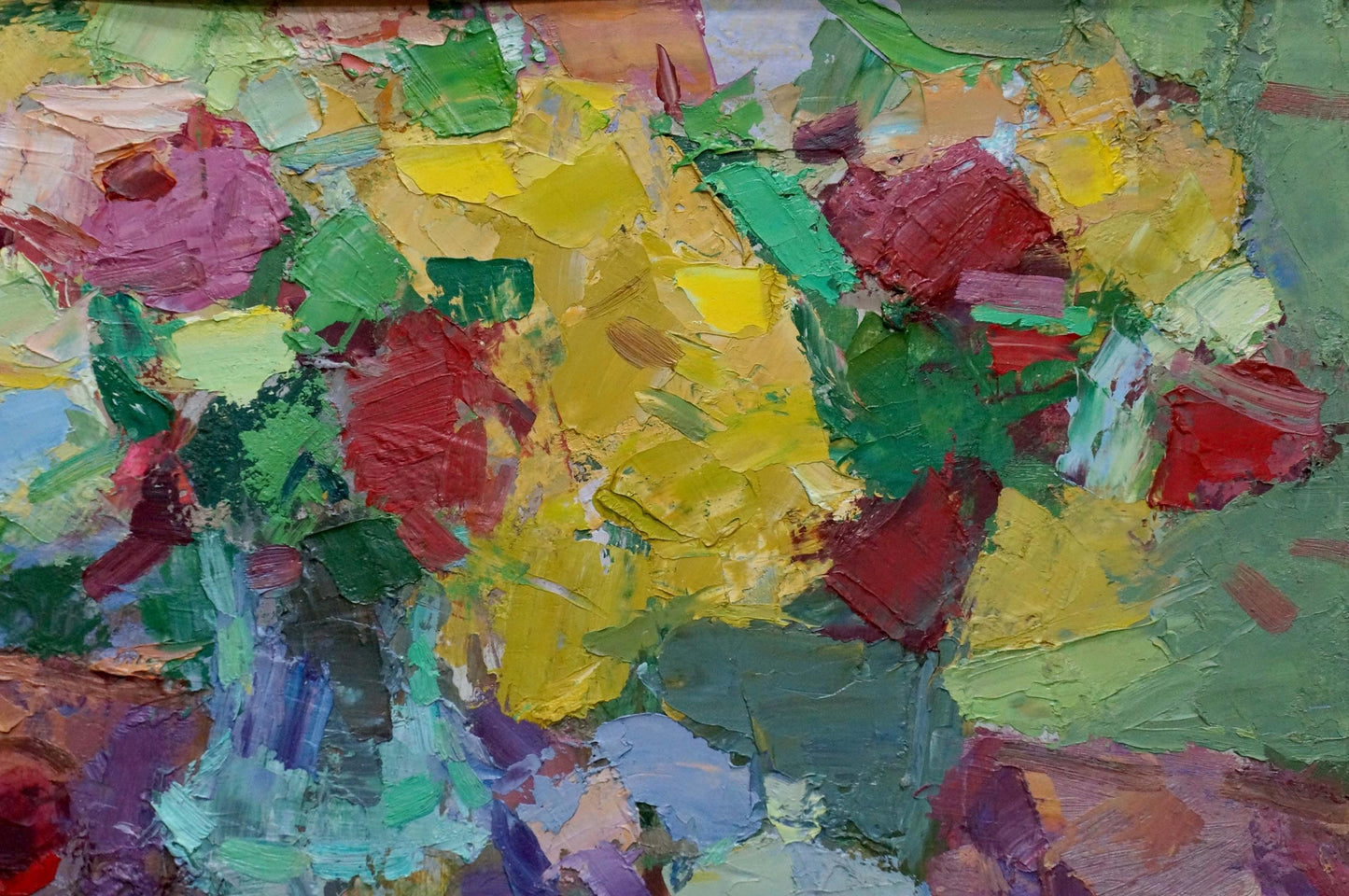 Vibrant impressionist oil painting by Schwab Vladimir: bold yellow red green bouquet