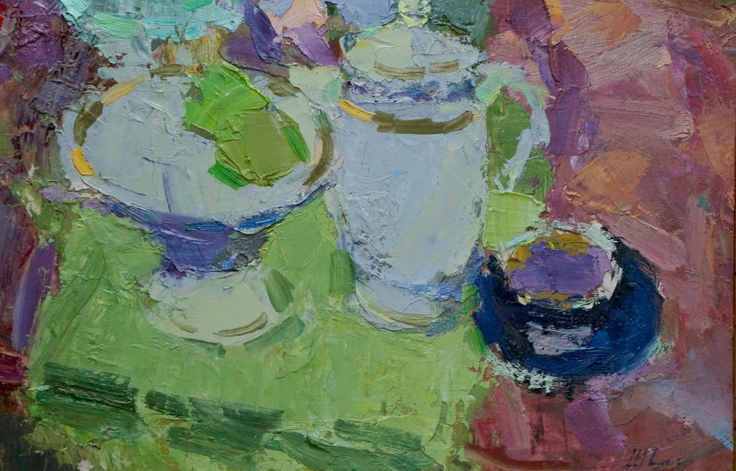 Oil painting Still life Schwab Vladimir: white ceramic pitcher with blue rim