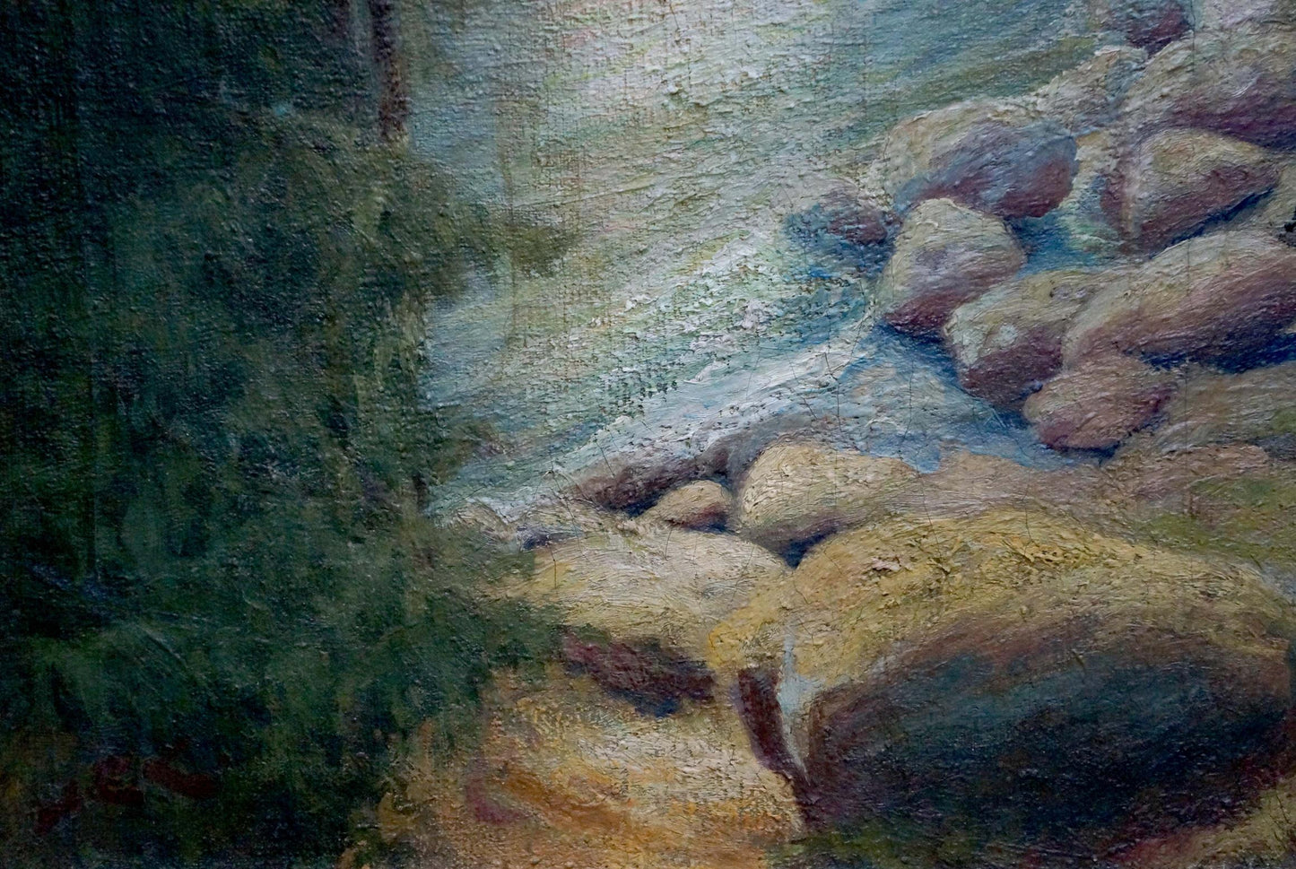 Oil painting of shore landscape stream over rocks by Sabadysh Petr Evlampievich