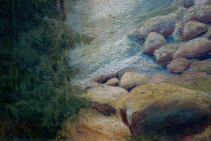 Oil painting of shore landscape stream over rocks by Sabadysh Petr Evlampievich