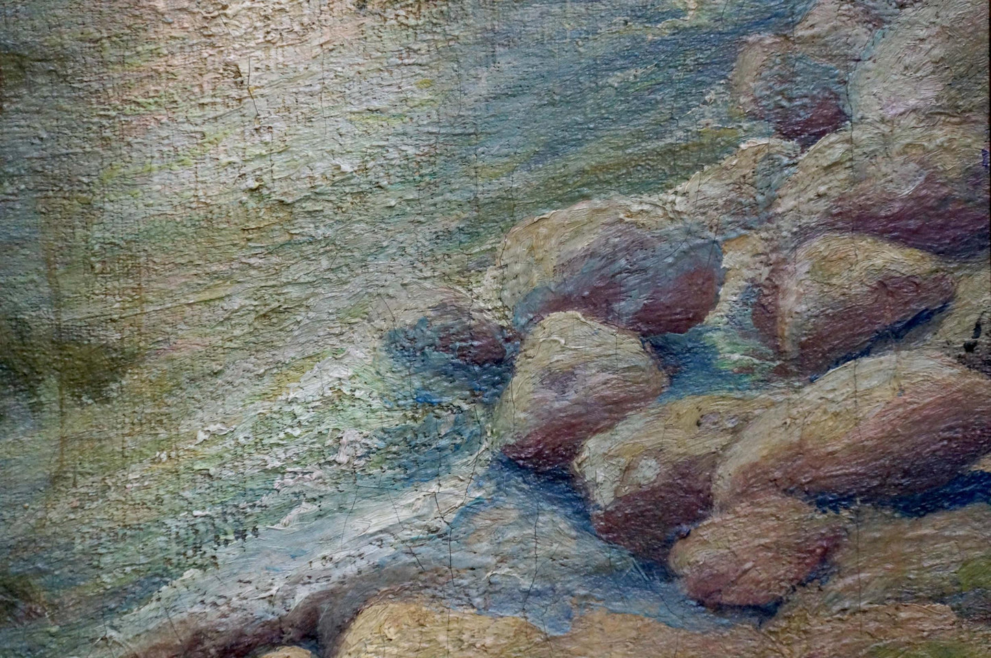Oil painting of shore landscape with rugged rocks by Sabadysh Petr Evlampievich