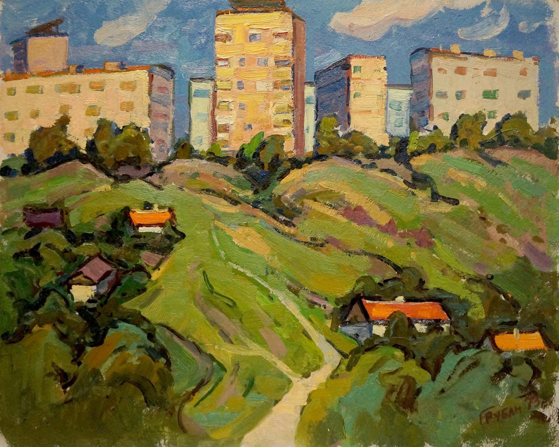 Vibrant impressionist oil painting by Ruban Grigory Savelievich of colorful hillside village