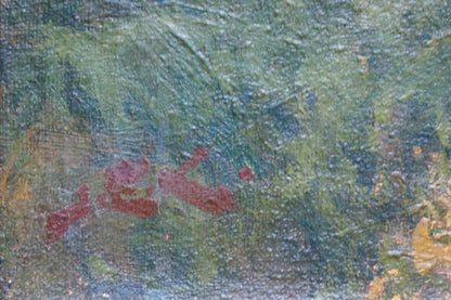 Red signature on green blue textured canvas oil painting by Sabadysh Petr Evlampievich