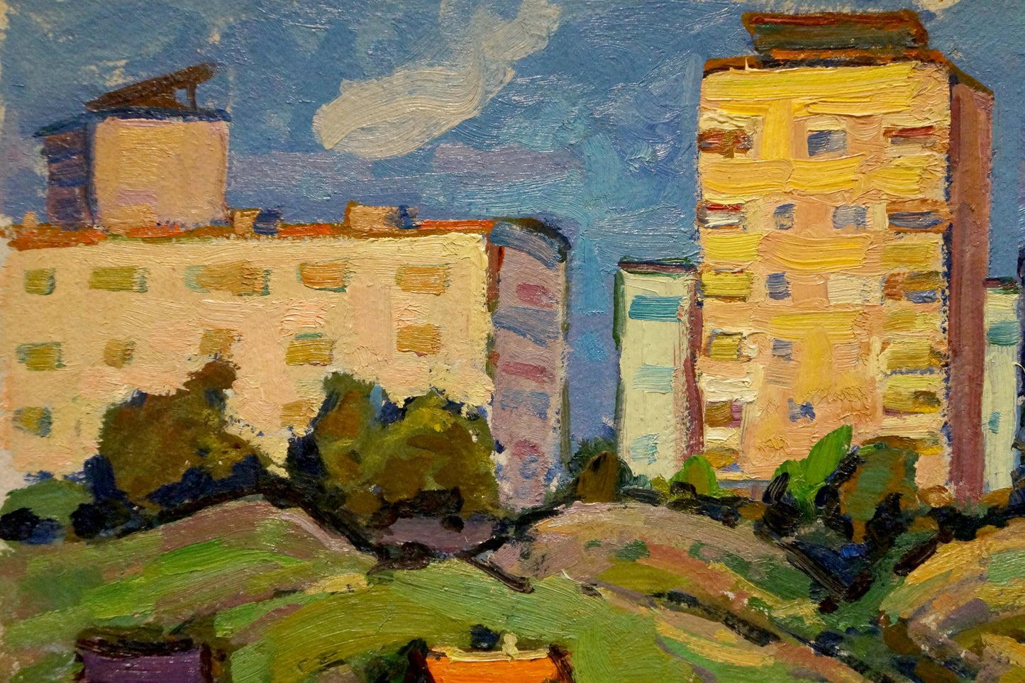 Vibrant impressionist oil painting of colorful urban cityscape by Ruban Grigory Savelievich