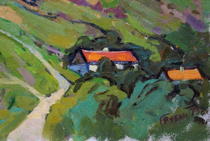 A vibrant impressionistic painting depicts a rustic house with an orange roof nestled among lush green hills and trees.