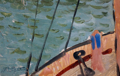 Oil painting of Zebek ship in port by Vladimir Evgenievich