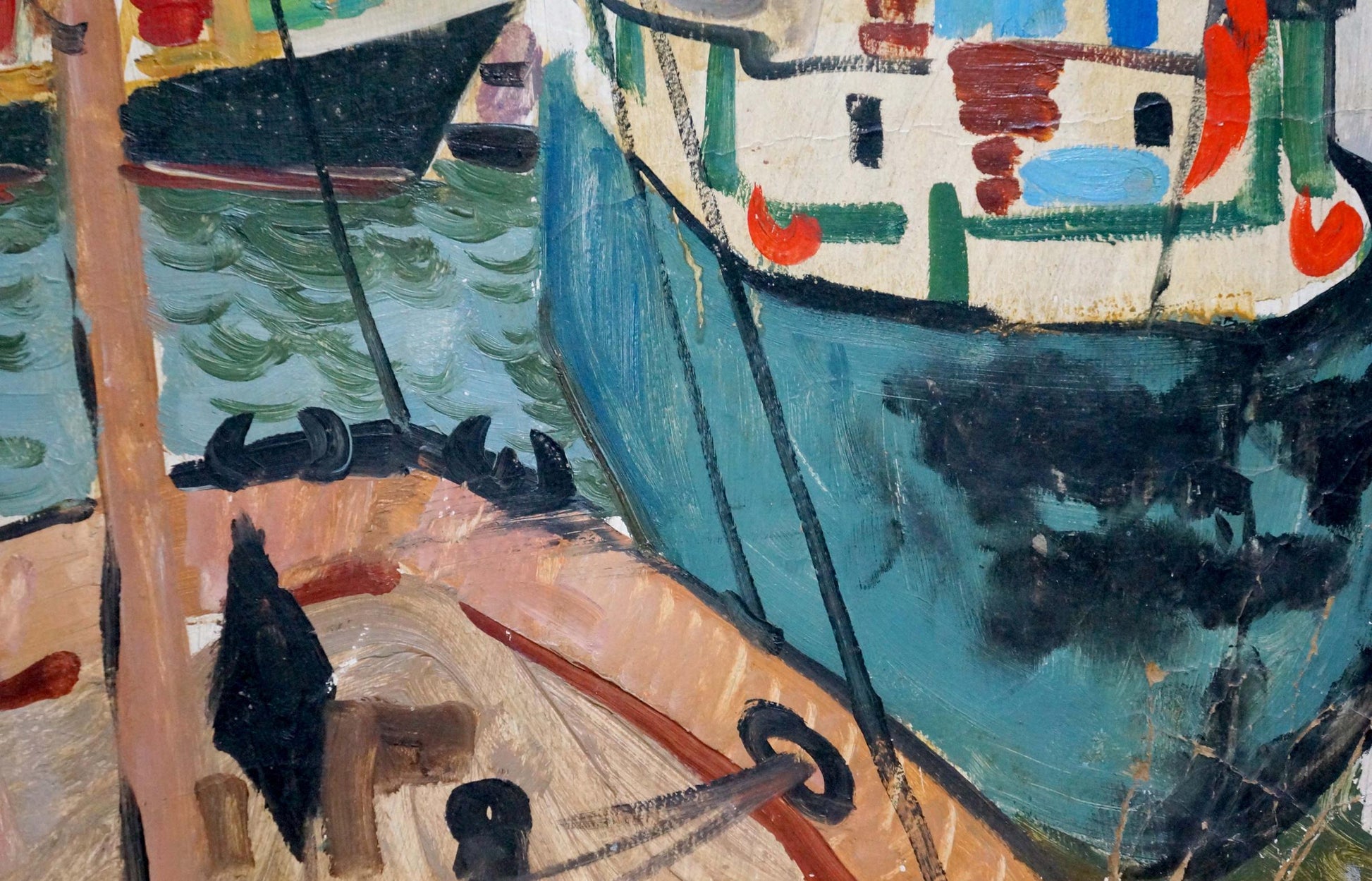 Vibrant stylized oil painting of ships in port Zebek by Vladimir Evgenievich