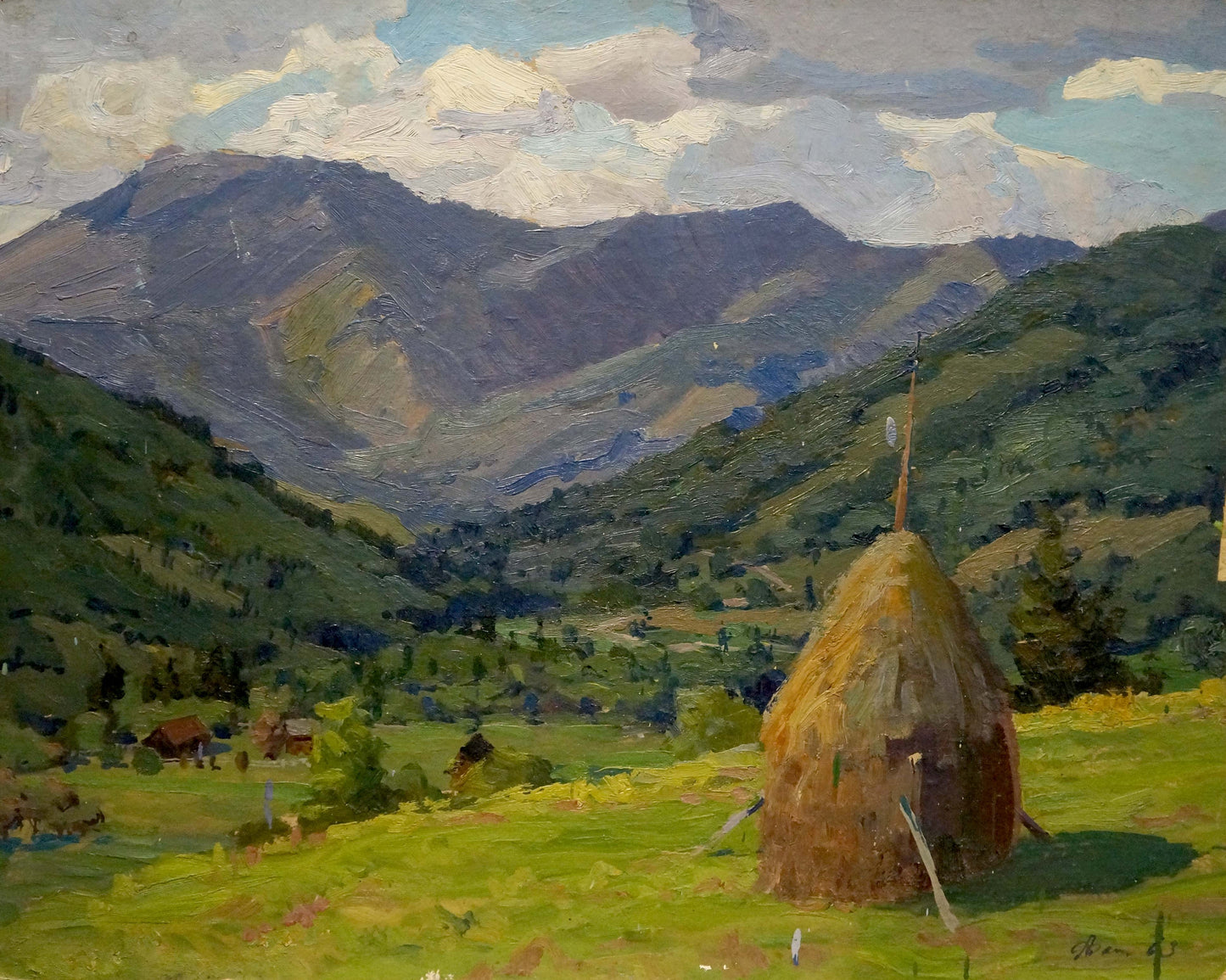 Oil painting by Fomin Anatoly Nikiforovich: rustic hay stack in sunlit field
