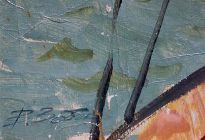 Oil painting of ships in port Zebed by Vladimir Evgenievich, teal green textured brushstrokes