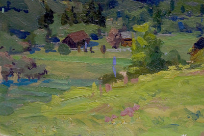 Vibrant oil painting by Fomin Anatoly Nikiforovich: impressionist green hills, cottages, flowers