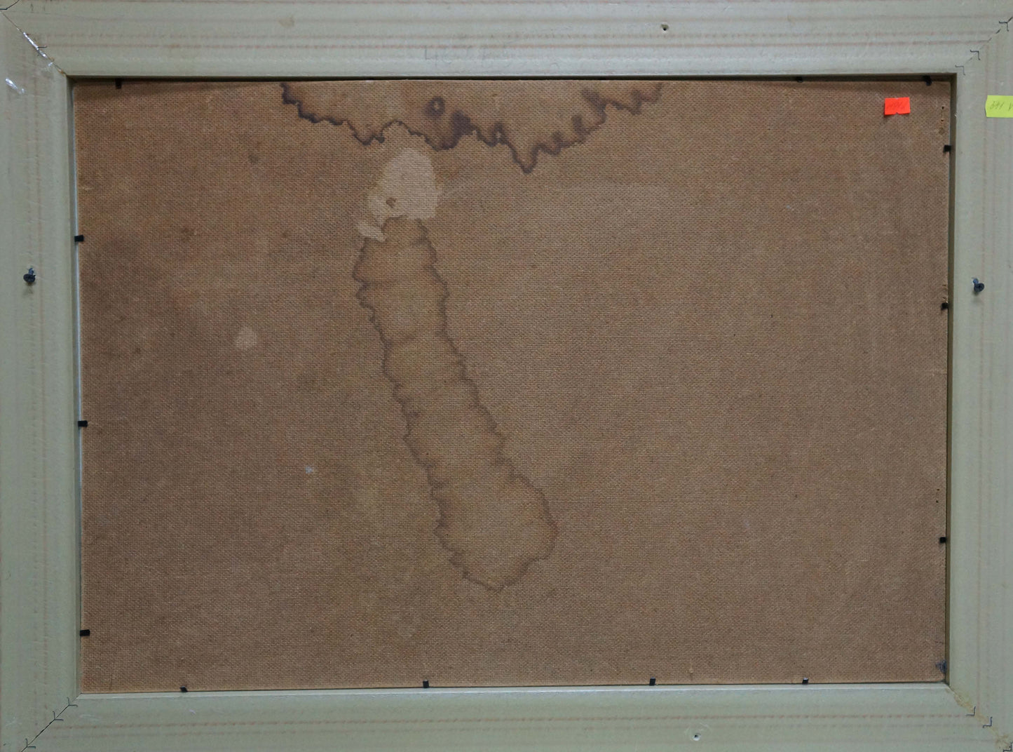 Back of Oil painting Ships in the port Zebek Vladimir Evgenievich with coffee stain on canvas
