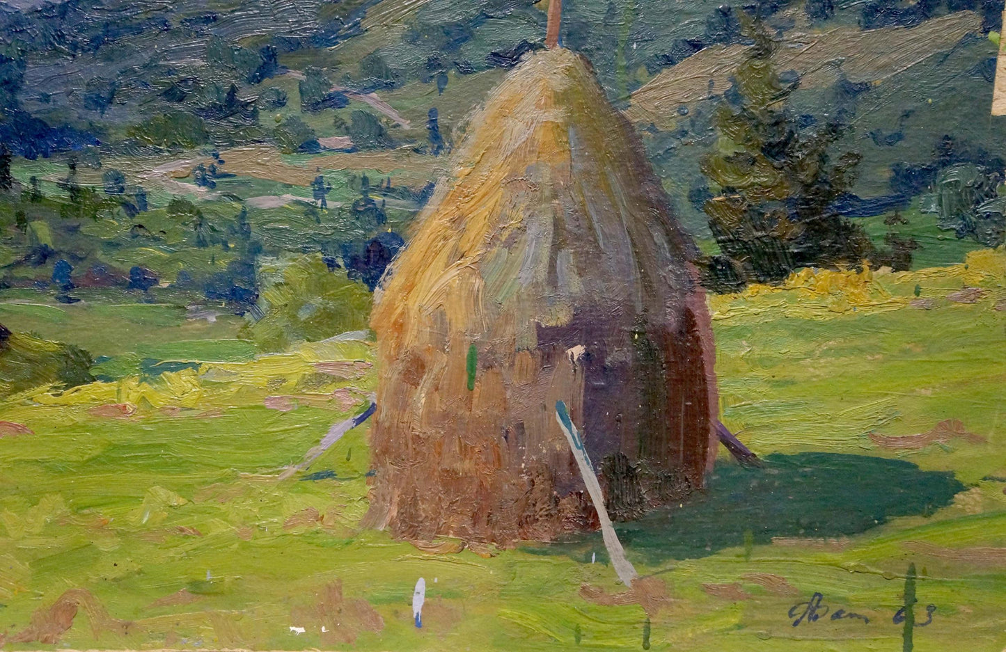 Oil painting of sunlit hay bale in green field by Fomin Anatoly Nikiforovich