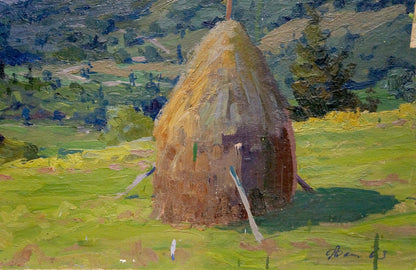 Oil painting of sunlit hay bale in green field by Fomin Anatoly Nikiforovich
