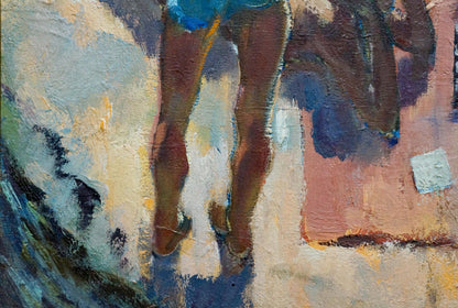 Impressionistic oil painting of resting legs in blue shorts by Ivan Fedorovich Schultze