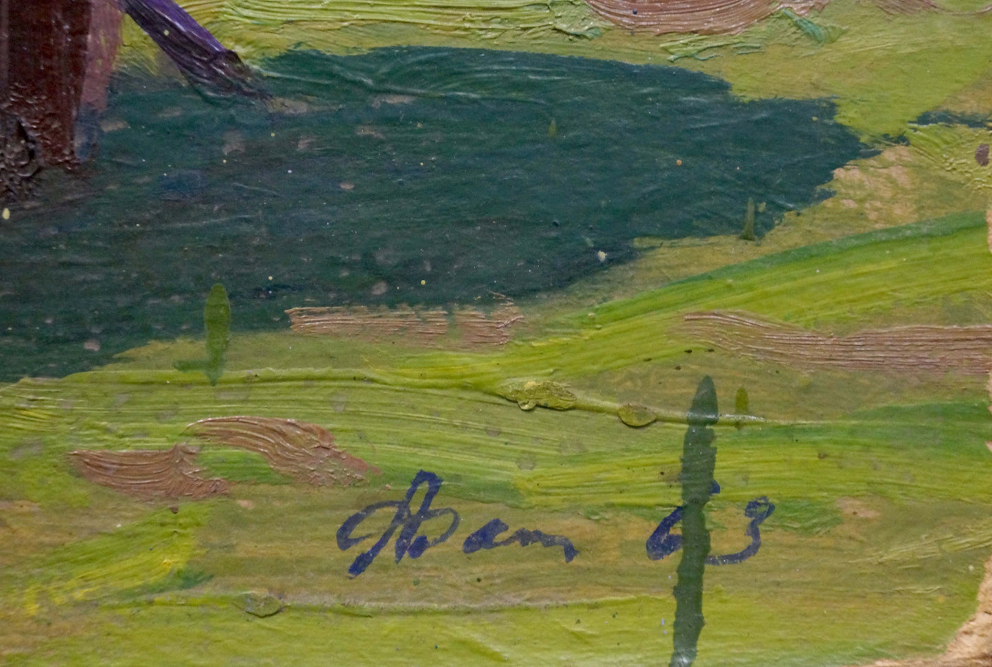 Back of Fomin Anatoly Nikiforovich oil painting mountain landscape with Benn 63 blue ink signature on textured green brown canvas